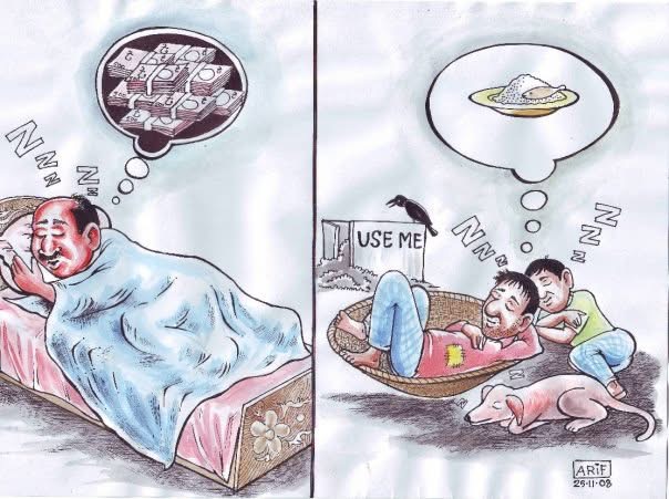 Two-panel editorial cartoon by ARiF about inequality and hunger