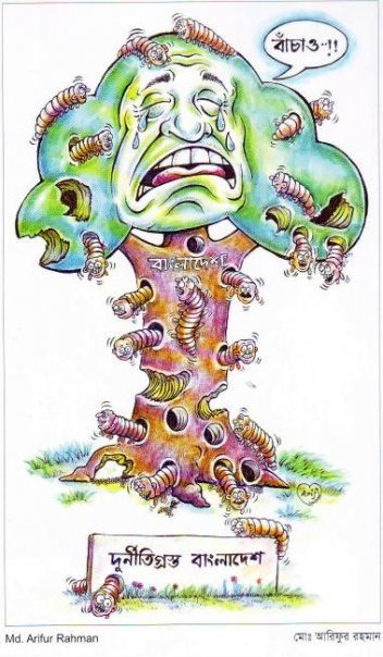 Award-winning cartoon depicting Bangladesh as a tree being consumed by corruption