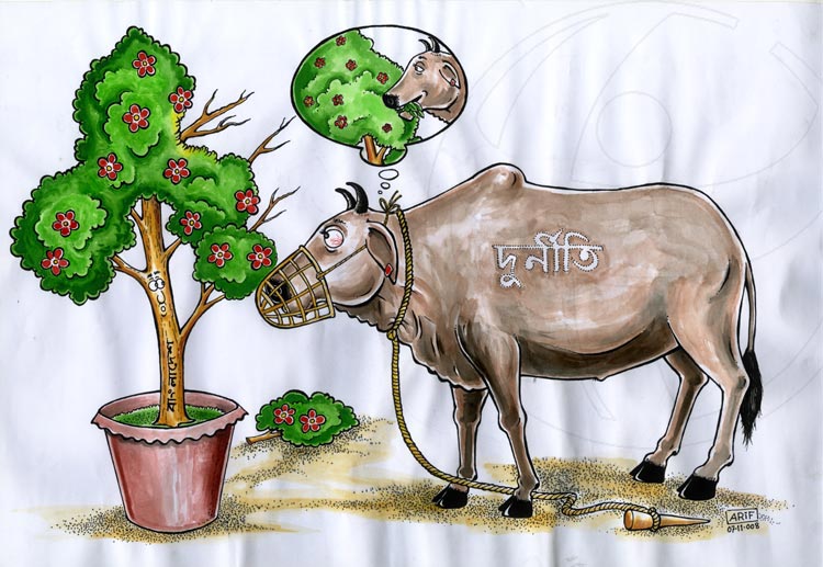 Cartoon of a cow labelled corruption imagining itself consuming a healthy tree