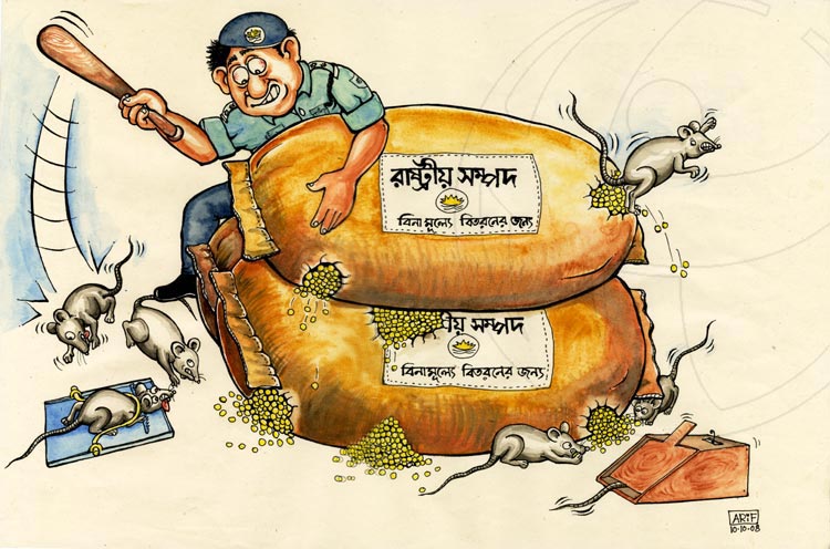 Cartoon of a police officer guarding torn sacks of public resources while rats carry the contents away